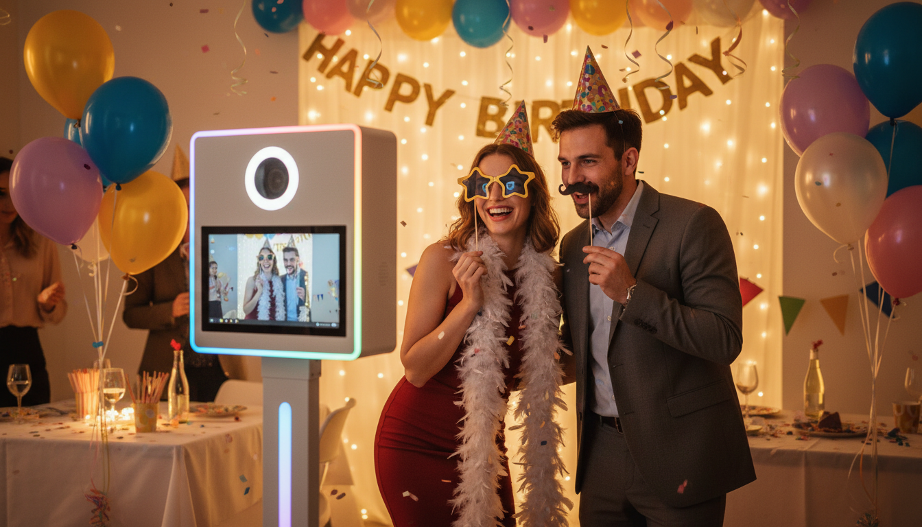Couple s'amusant avec le photobooth lors d'un anniversaire